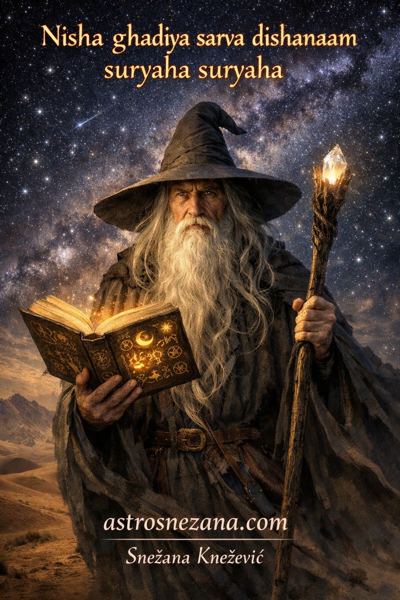 Starac sa dugom kosom i bradom u pustinji pod noćnim nebom, drži magijsku knjigu i štap – simbol vedske svetlosti i đotiša