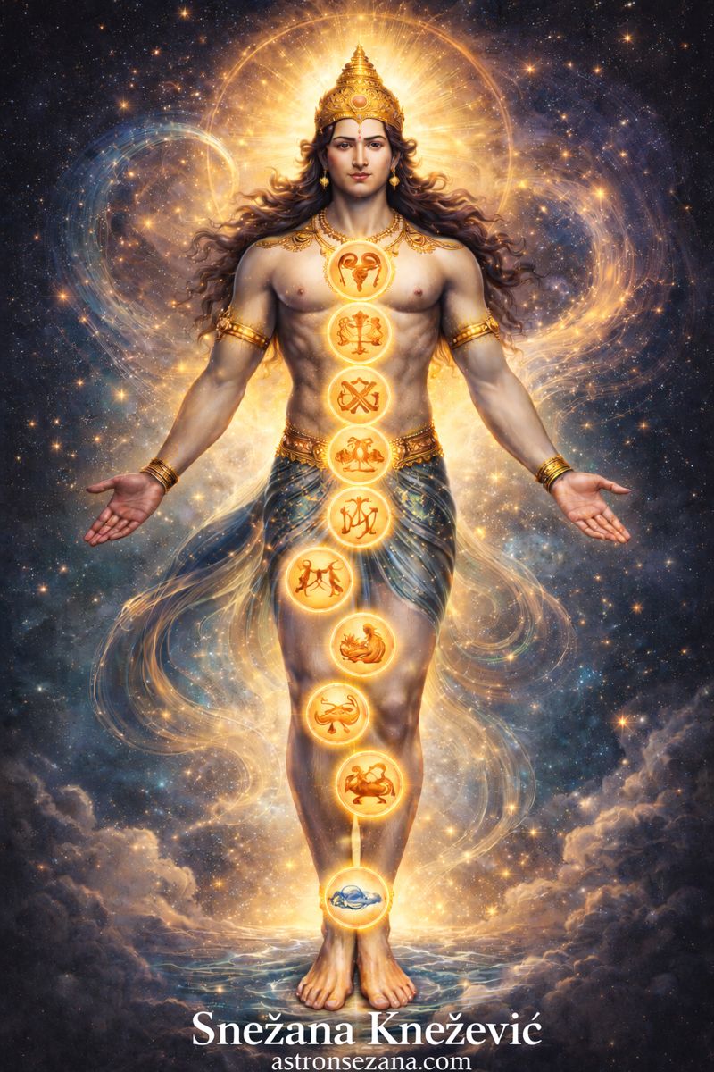 Kala Puruša – kosmičko biće i božanski poredak u đotišu, prirodna karta sa Meša Lagnom