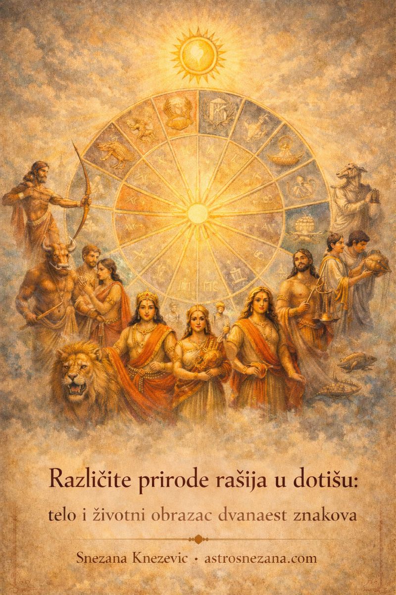 Dvanaest rašija u đotišu prikazani kao arhetipske figure oko zodijačkog kruga, simbol različitih priroda tela i životnog obrasca znakova.
