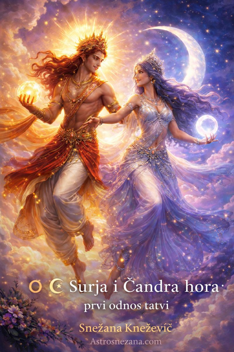 Surja i Ćandra u đotišu – simbolički prikaz Sunca i Meseca koji predstavljaju Agni i Đala tatvu, prvi međuodnos elemenata u vedskoj astrologiji