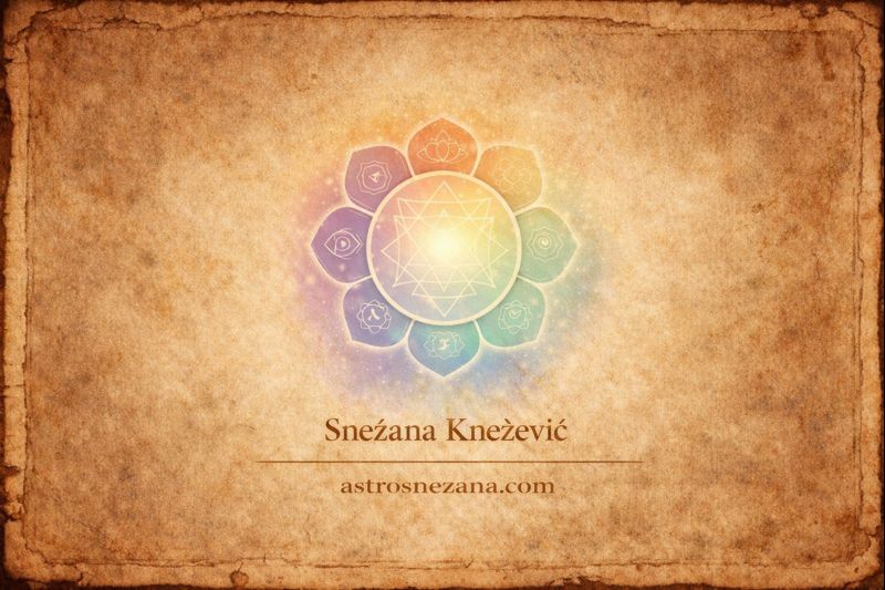 Mandala sa simbolima čakri i Šri Jantra motivom na starom pergament papiru, duhovni vizuelni potpis Snežane Knežević – astrosnezana.com